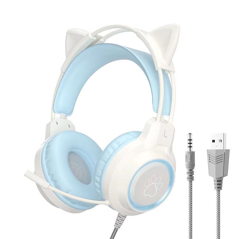 Auriculares Para Juegos Con Oreja De Gato Para PC, Auriculares Para Juegos De Ordenador Con Micrófono, Cancelación De Ruido, Con Cable, USB, Enchufe De 3,5Mm Para Ps4/Xbox One