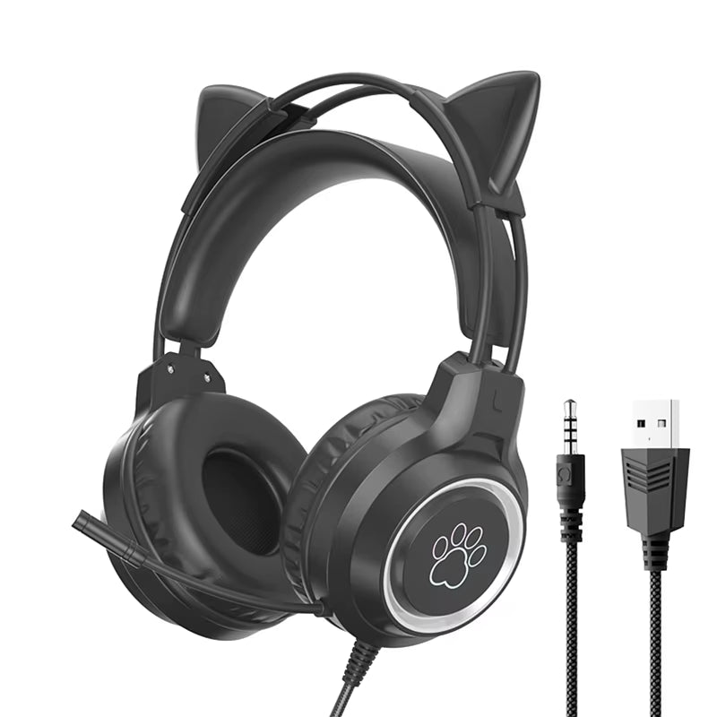 Auriculares Para Juegos Con Oreja De Gato Para PC, Auriculares Para Juegos De Ordenador Con Micrófono, Cancelación De Ruido, Con Cable, USB, Enchufe De 3,5Mm Para Ps4/Xbox One